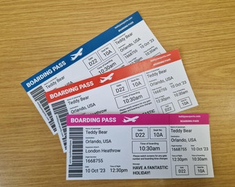 Personalised board passes, teddy bear travel, surprise boarding pass, surprise holiday, surprise travel reveal, teddy passports