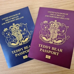 Teddybeerpaspoort: gepersonaliseerd met foto, naam en geboortegegevens. Voor gebruik met Britse bestellingen.