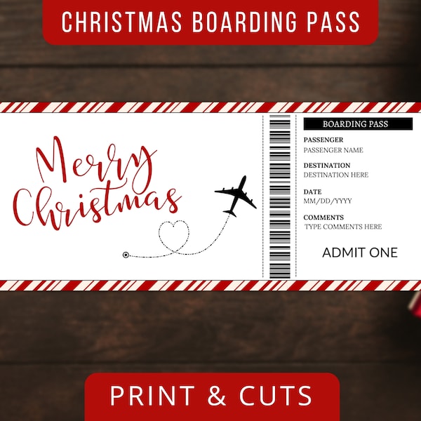 Christmas Boarding Pass Gift, Surprise Trip, Getaway Holiday, Printable Plane Ticket, Christmas Gift