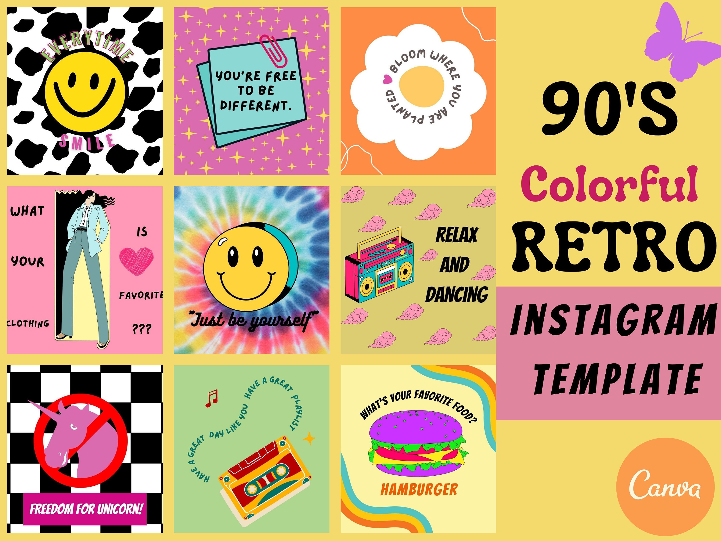 90s Y2K Retro Instagram Templates, Psychedelic Instagram Post, Hippie ...