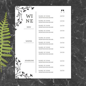 Edytowalna lista menu win, szablon menu restauracji, menu win weselnych, US Lettertter, A4