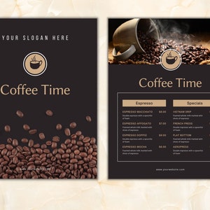 Modelos de menu de café, lista de preços de cafeteria, menu de bebidas, 3 páginas editáveis