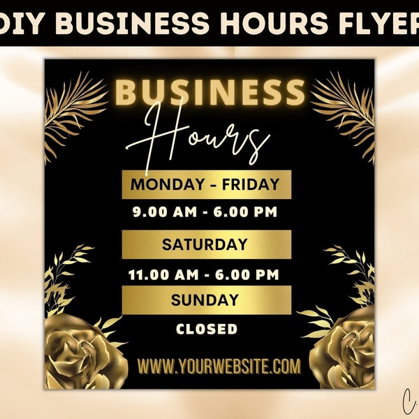 Gold Business Hours Sign for Social Media, Editable Open Hours Flyer, Open and Close Time