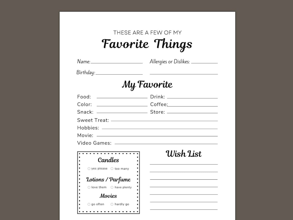 Editable My Favorite Things Printable Questionnaire wish List Survey