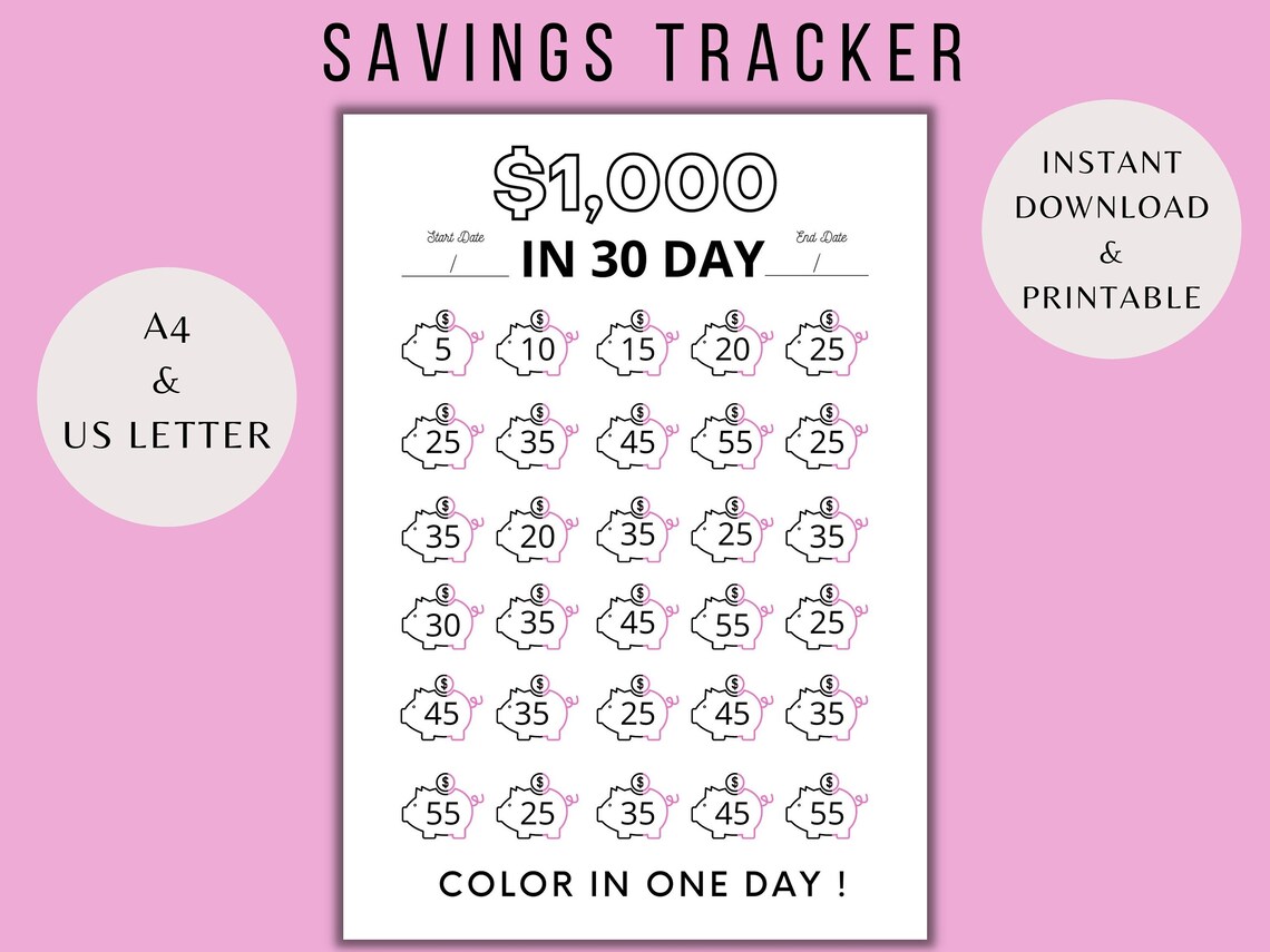 Monthly Savings Challenge Printable, Save 1000 in 30 Days, Piggy Bank ...