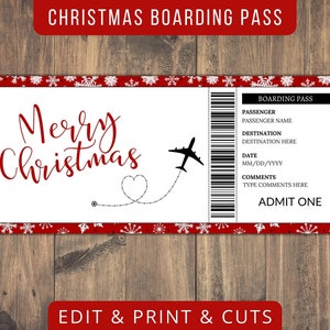 Modelo de cartão de embarque de Natal, ideias para presentes de feriado, passagem de avião falsa, tema de Natal