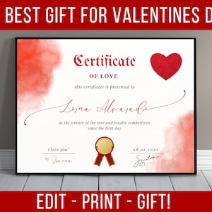 Valentines day gift for him, Love Certificate, Custom gift for valentine, Editable and Printable, Best Gift for Valentines Day