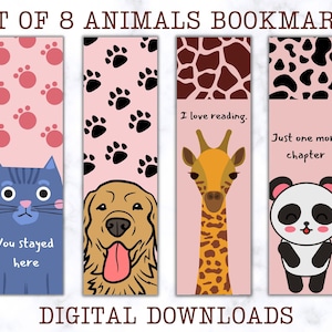 Printable Animals Bookmarks Template, Kids Bookmarks, Gift for Booklover