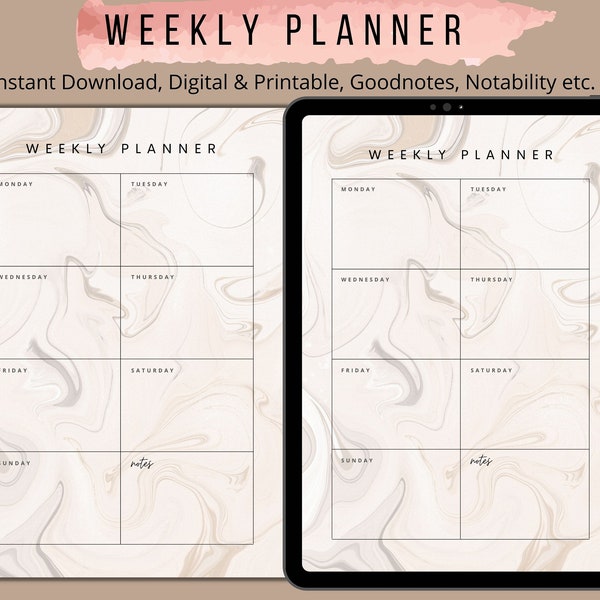 Digital Weekly Planner Printable, Beige Marble Weekly Schedule, Minimal Weekly Organizer, iPad Planner, A4, US Letter