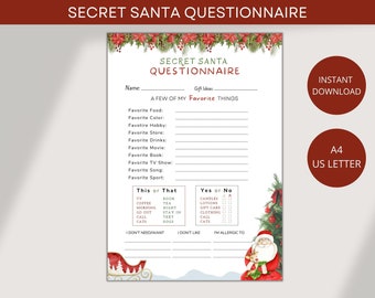 Secret Santa Questionnaire Printable, Gift Exchange, Gift Ideas for Adult, Work, Family