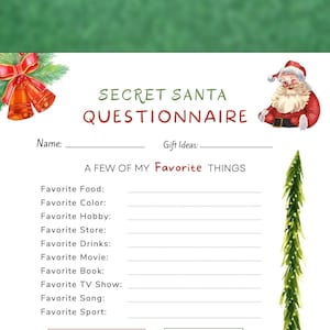 Printable Secret Santa Questionnaire Christmas Gift List Work or Printable Secret Santa Questionnaire Christmas Gift List Work or