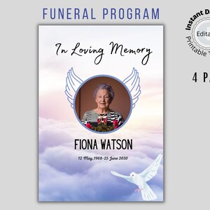 Heaven Funeral Program Template, In Loving Memory Obituary Card, Printable Order of Service