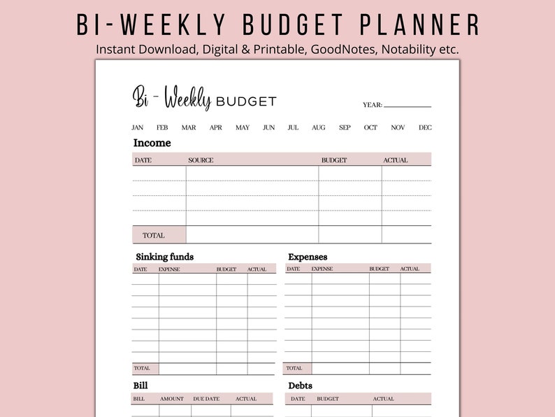 Biweekly Budget Planner, Digital, Printable, Goodnotes, Instant