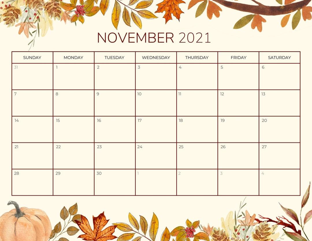 November 2021 Calendar, Printable Fillable Editable, Autumn Flowers ...