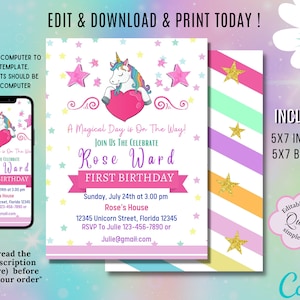 Tarjeta de invitación de unicornio para el primer cumpleaños, invitación de arco iris para niña 1er cumpleaños, 5x7