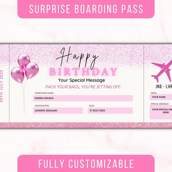 Modèle de carte d'embarquement d'anniversaire, cadeau de voyage surprise, faux billet d'avion, cadeau d'anniversaire