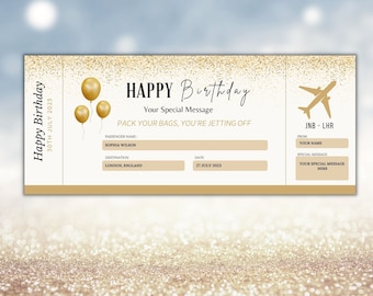 Happy Birthday Boarding Pass Template, Surprise Airline Gift, Printable Gold Vacation Ticket