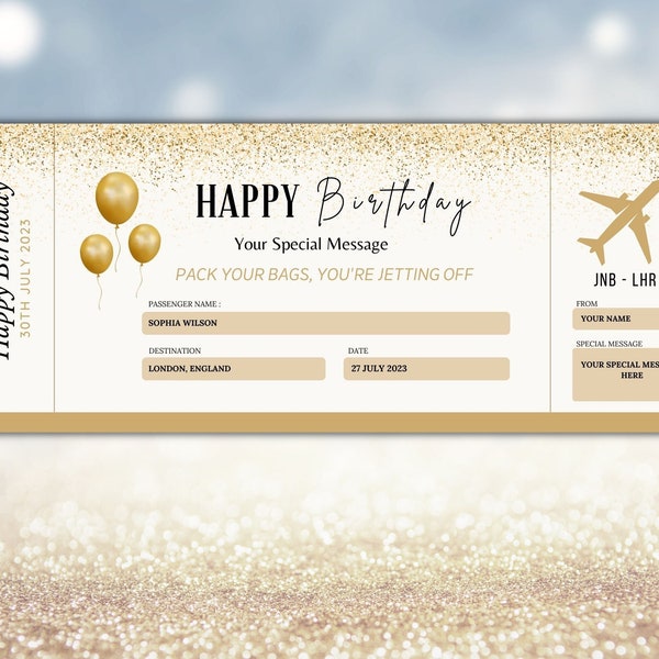 Happy Birthday Boarding Pass Template, Surprise Airline Gift, Printable Gold Vacation Ticket