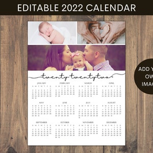 2022 Printable Photo Calendar Template, Editable Calendar, Instant Download