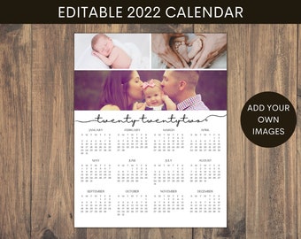 2022 Printable Photo Calendar Template, Editable Calendar, Instant Download