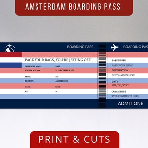 AMSTERDAM Surprise Gift Ticket,  Surprise Trip, Holland Flight Ticket, Fake Plane Flight Ticket