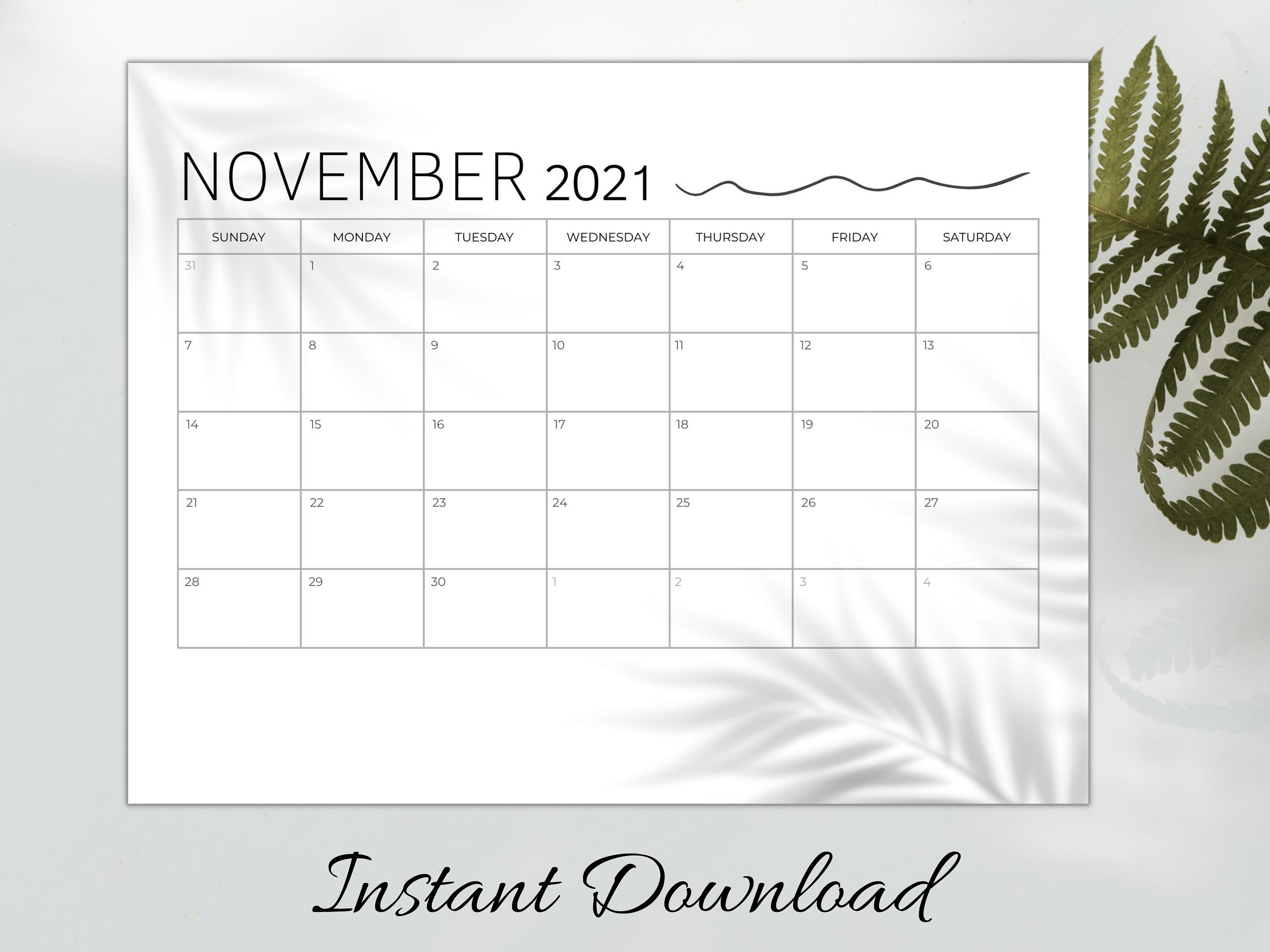 November 2021 Printable Calendar, Minimalist Monthly Calendar - Etsy