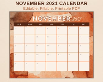 Printable November Calendar 2021, Watercolor Autumn Theme