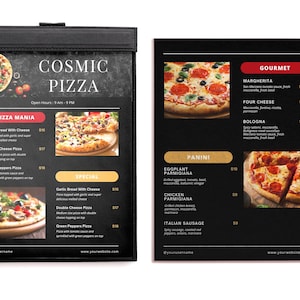 Plantilla de menú de restaurante de pizza con foto, menú de comida editable y lista de precios
