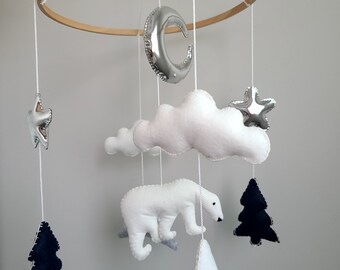 Bear Crib  Mobile, Mountain Woodland Mobile, Metallic Silver Navy Gray, Baby Boy Woodland Nursery, Bear Nursery Decor, baby Shower Gift