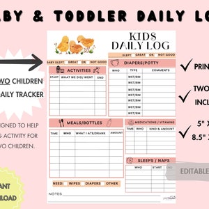 Puede incluir: Diario imprimible rosa y blanco para dos niños. El diario incluye secciones para actividades, comidas, pañales, medicamentos, sueño y notas. El diario está disponible en dos tamaños: 5" x 7" y 8,5" x 11".