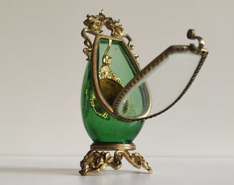 Boîte à bijoux française verte rare et antique, années 1800, porte-montre