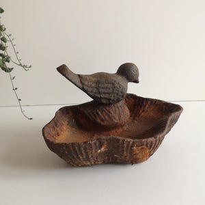 Può includere: Un bagno per uccelli in ghisa rustico con un uccello appollaiato sul bordo. Il bagno per uccelli è marrone e ha una texture ruvida.
