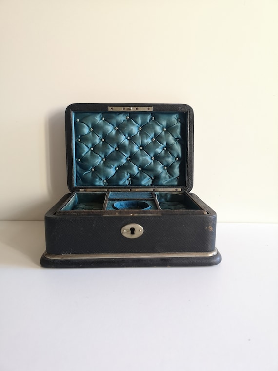 Antique jewelry box with silk and blue velvet cus… - image 2