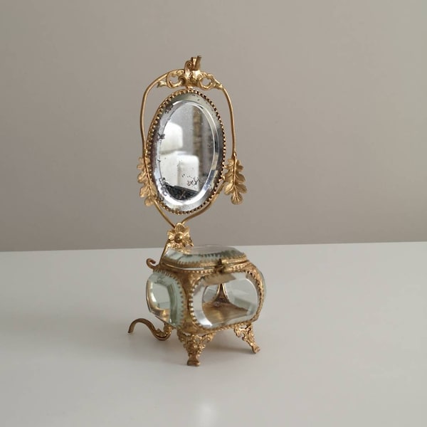 Antique french glass jewelry box and display stand with mirror
