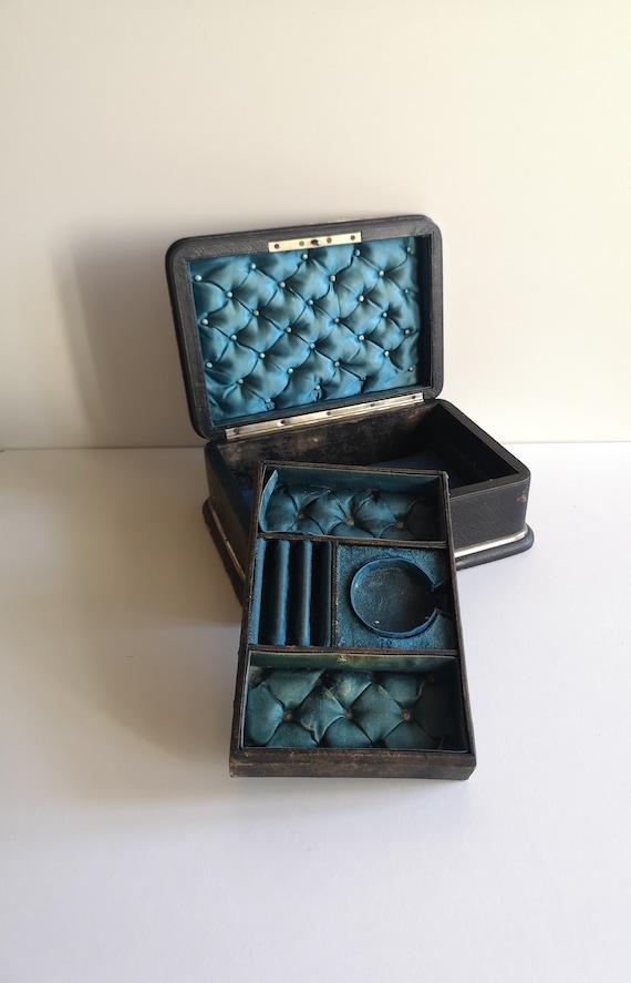 Antique jewelry box with silk and blue velvet cus… - image 3