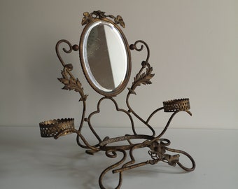 Incroyable miroir français antique du 19ème siècle et support de coiffeuse en laiton