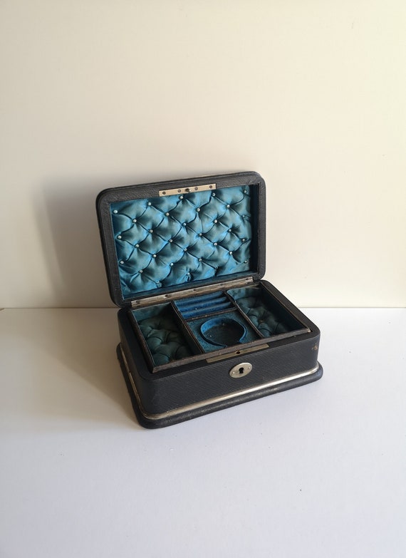 Antique jewelry box with silk and blue velvet cus… - image 1