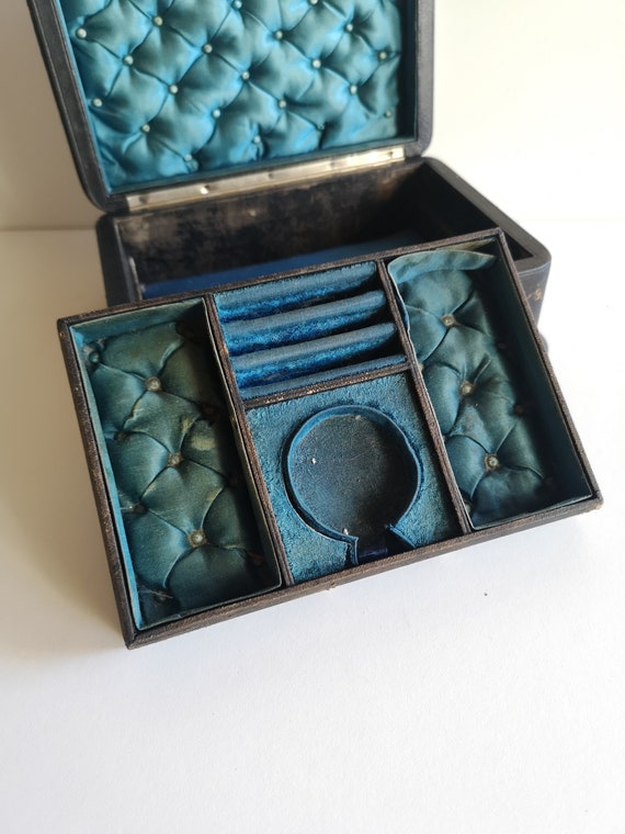 Antique jewelry box with silk and blue velvet cus… - image 5