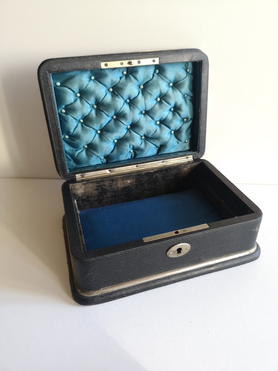 Antique jewelry box with silk and blue velvet cus… - image 4