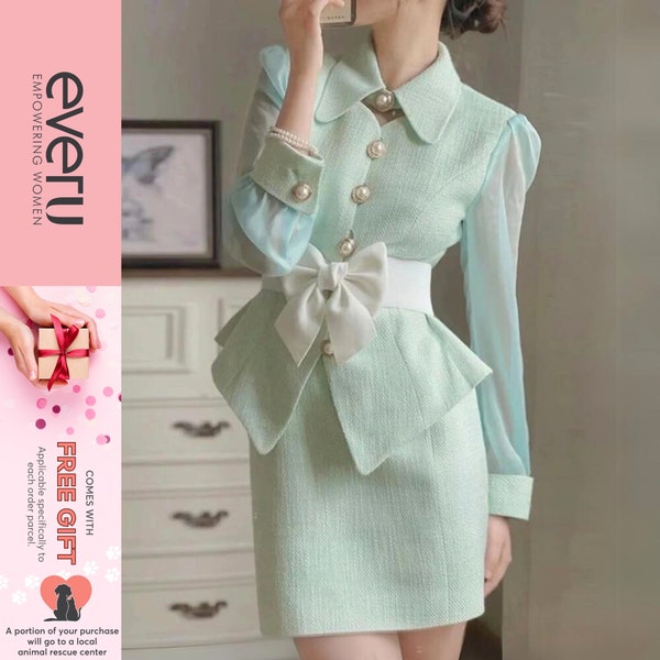 EverU Women's Korean Suit Set - Elegant Office Attire, Formal Glam Night Out, Tweed Blazers & Skirts, Luxurious Fashion for Women