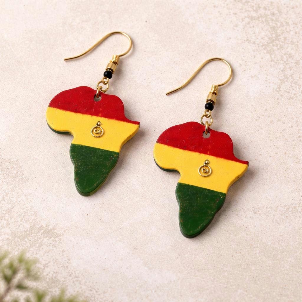 African Map Earrings, Rasta Colors Africa Earrings, Handmade Wooden ...