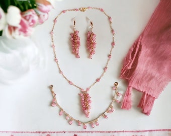 Gorgeous 18k Gold Filled Ice Pink Tourmaline Wedding Jewelry set High quality Handmade, earrings, Necklace and Bracelet.