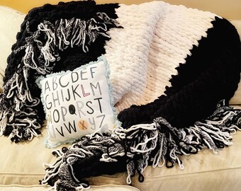 Hand Knit Classic Black and White Vegan Chenille Throw Blanket