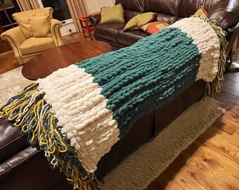 Hand Knit Vegan Chenille Throw Blanket, Green with Gold accents