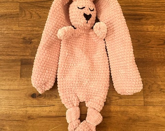 Large Bunny Snuggle-Lovey hand- crocheted plush toy for infant or child to cuddle, soft and squishy