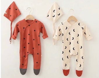 Buttery Soft Organic Baby Sleeper Hat Set, Orange Ladybug, Gender Neutral Footie, Moon phase Sleeper, Crescent Moon outfit, Long sleeve baby