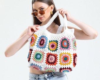 Crochet Bag, Crochet Purse, Granny Square Woman Bag, Crochet tote Bag, Retro Bag, Hippie Bag, Gift for Her, Boho Bag, Vintage Style Bag