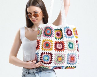 Sac au crochet, sac à main au crochet, sac femme carré grand-mère, sac fourre-tout au crochet, sac rétro, sac hippie, cadeau pour elle, sac Boho, sac de style vintage