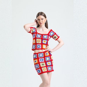 Crochet Granny Square Red Dress, Summer Dress, Red Crochet Top, Women Knit Top, Vintage Style Skirt, Festival Clothes, Beach Wear, Handmade
