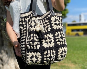 Black And White Bag, Granny Square Crochet Bag, Crochet tote Large Bag,Knitted  Cotton Bag, Festival Bag, Vintage Style Bag, Gift For Women